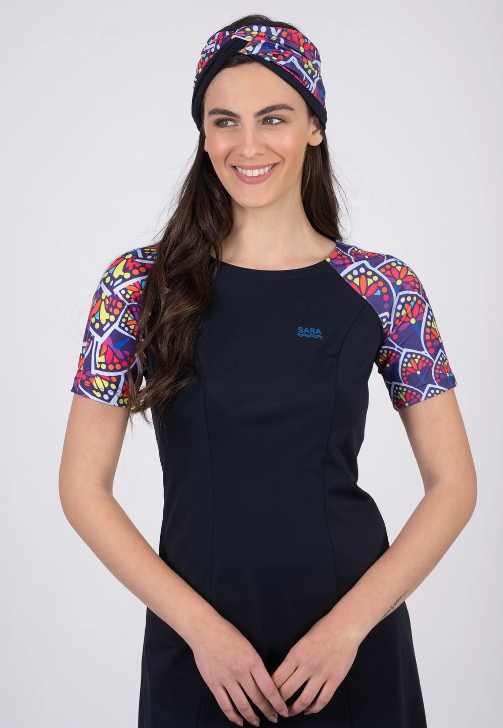 טוניקה שרוול ארוך עלים צבעוניים לשחייה וספורט - Image 2
